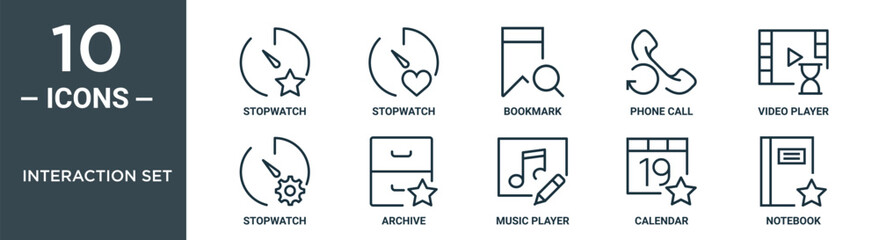 interaction set outline icon set includes thin line stopwatch, stopwatch, bookmark, phone call, video player, stopwatch, archive icons for report, presentation, diagram, web design