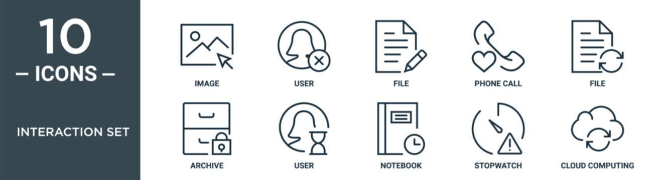 interaction set outline icon set includes thin line image, user, file, phone call, file, archive, user icons for report, presentation, diagram, web design