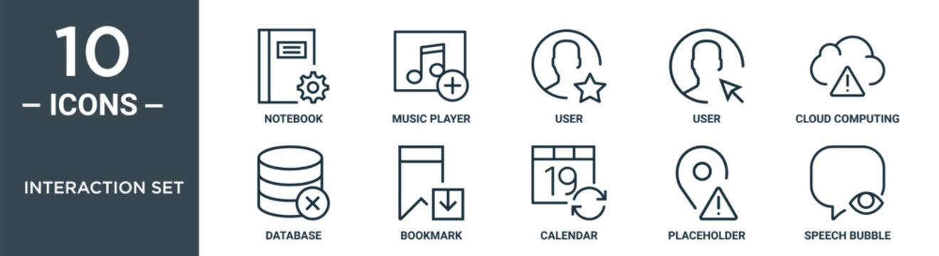 interaction set outline icon set includes thin line notebook, music player, user, user, cloud computing, database, bookmark icons for report, presentation, diagram, web design