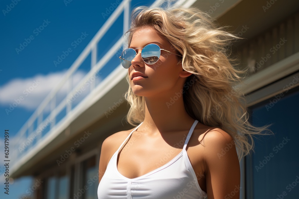 Sticker beautiful blonde girl in a white suit against a blue summer sky with sunglasses