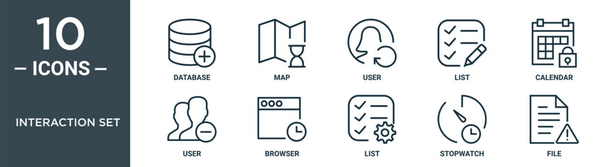 interaction set outline icon set includes thin line database, map, user, list, calendar, user, browser icons for report, presentation, diagram, web design