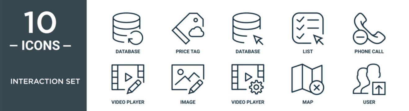 interaction set outline icon set includes thin line database, price tag, database, list, phone call, video player, image icons for report, presentation, diagram, web design
