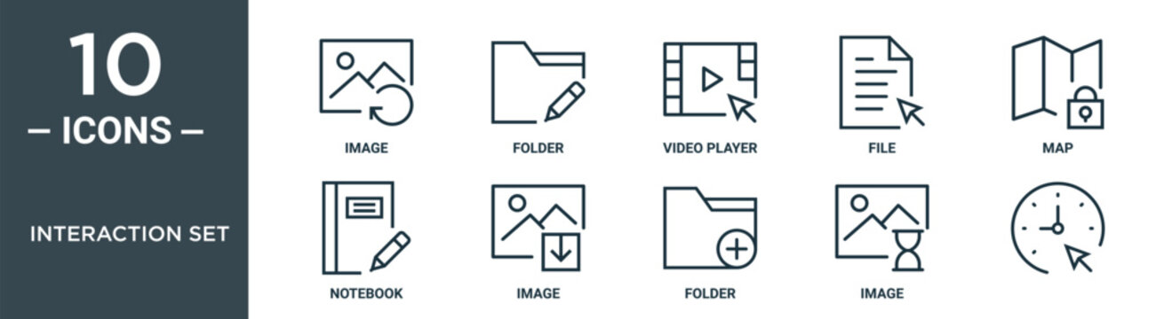 interaction set outline icon set includes thin line image, folder, video player, file, map, notebook, image icons for report, presentation, diagram, web design
