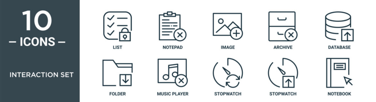 interaction set outline icon set includes thin line list, notepad, image, archive, database, folder, music player icons for report, presentation, diagram, web design