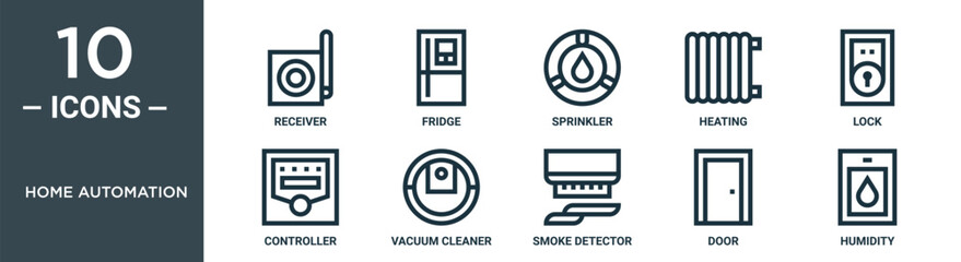 home automation outline icon set includes thin line receiver, fridge, sprinkler, heating, lock, controller, vacuum cleaner icons for report, presentation, diagram, web design © MacroOne