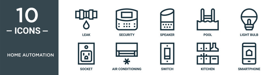 home automation outline icon set includes thin line leak, security, speaker, pool, light bulb, socket, air conditioning icons for report, presentation, diagram, web design