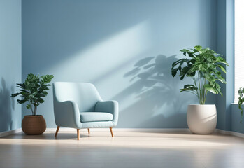 Classy minimal armchair between vase with plant on wooden floor with interesting light glare. Background for the presentation, Generative Ai