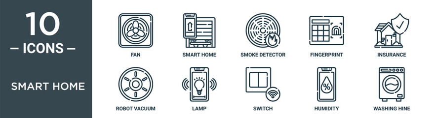 smart home outline icon set includes thin line fan, smart home, smoke detector, fingerprint, insurance, robot vacuum, lamp icons for report, presentation, diagram, web design