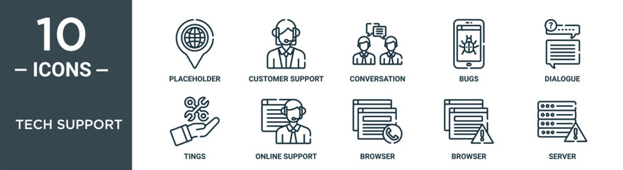tech support outline icon set includes thin line placeholder, customer support, conversation, bugs, dialogue, tings, online support icons for report, presentation, diagram, web design
