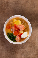 Ear. Traditional fish soup with salmon.