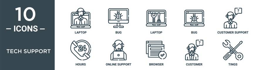 tech support outline icon set includes thin line laptop, bug, laptop, bug, customer support, hours, online support icons for report, presentation, diagram, web design