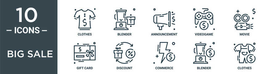 big sale outline icon set includes thin line clothes, blender, announcement, videogame, movie, gift card, discount icons for report, presentation, diagram, web design