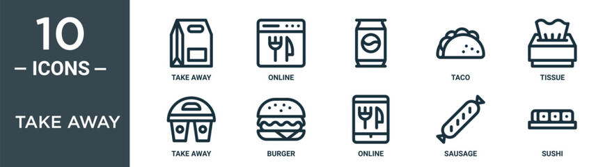 take away outline icon set includes thin line take away, online, , taco, tissue, take away, burger icons for report, presentation, diagram, web design