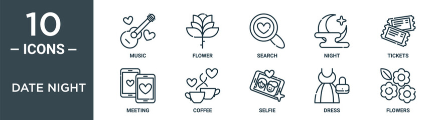 date night outline icon set includes thin line music, flower, search, night, tickets, meeting, coffee icons for report, presentation, diagram, web design