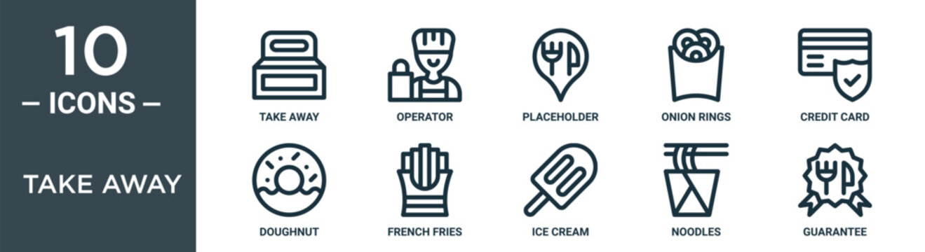 take away outline icon set includes thin line take away, operator, placeholder, onion rings, credit card, doughnut, french fries icons for report, presentation, diagram, web design