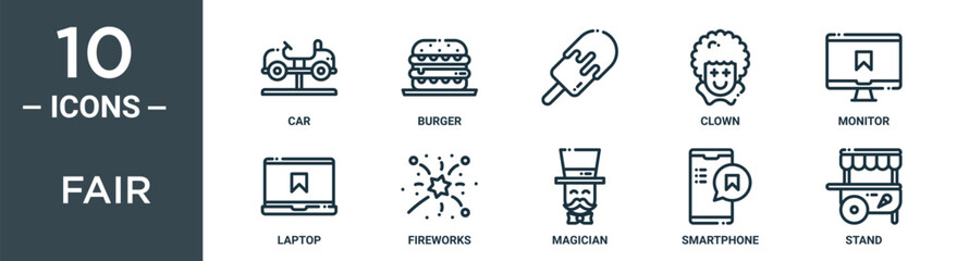 fair outline icon set includes thin line car, burger, , clown, monitor, laptop, fireworks icons for report, presentation, diagram, web design
