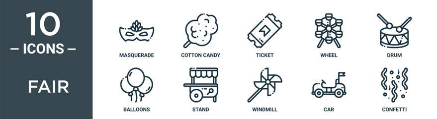 fair outline icon set includes thin line masquerade, cotton candy, ticket, wheel, drum, balloons, stand icons for report, presentation, diagram, web design