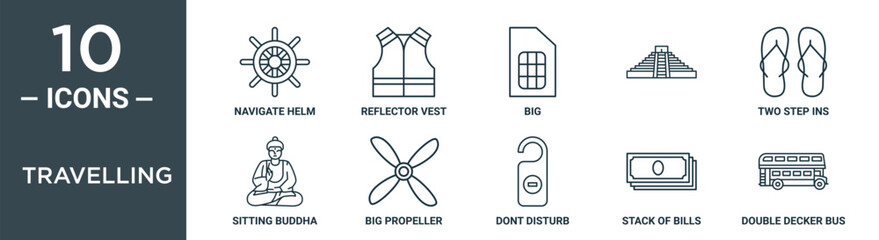 travelling outline icon set includes thin line navigate helm, reflector vest, big, , two step ins, sitting buddha, big propeller icons for report, presentation, diagram, web design - obrazy, fototapety, plakaty