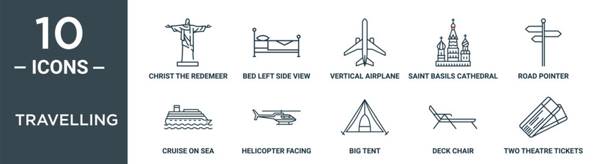 travelling outline icon set includes thin line christ the redemeer, bed left side view, vertical airplane, saint basils cathedral, road pointer, cruise on sea, helicopter facing right icons for © MacroOne