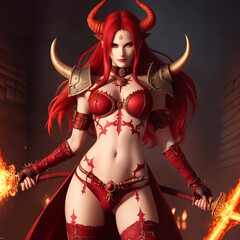 Demonic girl half-naked in red with two fiery swords