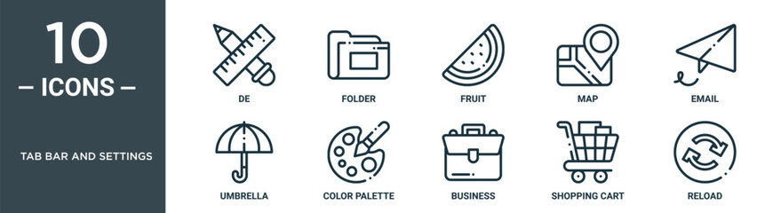 tab bar and settings outline icon set includes thin line de, folder, fruit, map, email, umbrella, color palette icons for report, presentation, diagram, web design