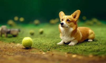 corgi on the tennis court with tennis balls. 