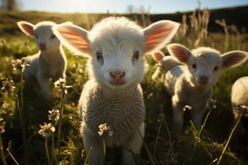 Fototapeta premium cute lambs looking at the camera on a sunny spring day at an organic farm