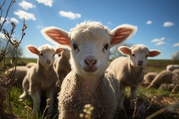Obraz na płótnie Canvas cute lambs looking at the camera on a sunny spring day at an organic farm