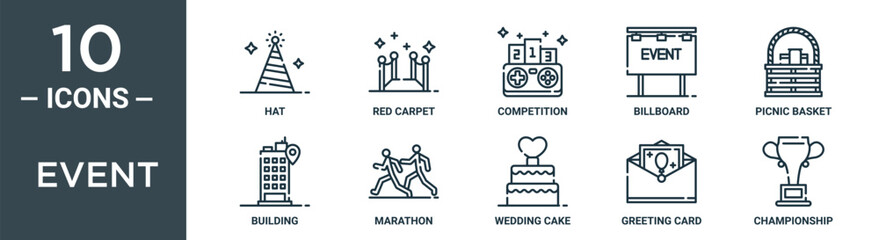 event outline icon set includes thin line hat, red carpet, competition, billboard, picnic basket, building, marathon icons for report, presentation, diagram, web design - obrazy, fototapety, plakaty