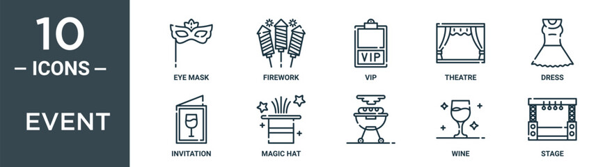 event outline icon set includes thin line eye mask, firework, vip, theatre, dress, invitation, magic hat icons for report, presentation, diagram, web design