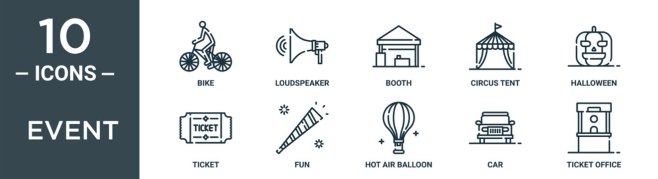 event outline icon set includes thin line bike, loudspeaker, booth, circus tent, halloween, ticket, fun icons for report, presentation, diagram, web design