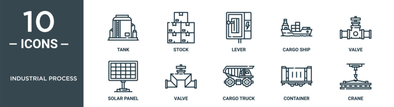 industrial process outline icon set includes thin line tank, stock, lever, cargo ship, valve, solar panel, valve icons for report, presentation, diagram, web design