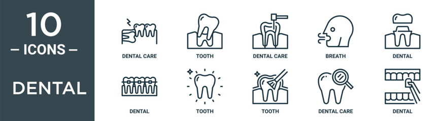 dental outline icon set includes thin line dental care, tooth, dental care, breath, tooth icons for report, presentation, diagram, web design