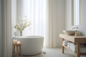 Bathroom with neutral colour palette and abundant natural light make it a perfect example of Nordic Minimalism, Generative AI