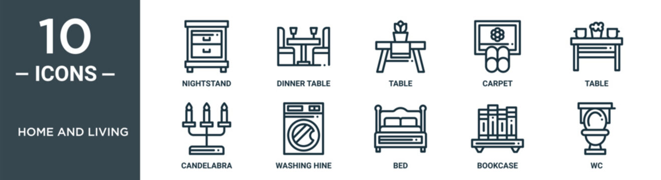 home and living outline icon set includes thin line nightstand, dinner table, table, carpet, table, candelabra, washing hine icons for report, presentation, diagram, web design