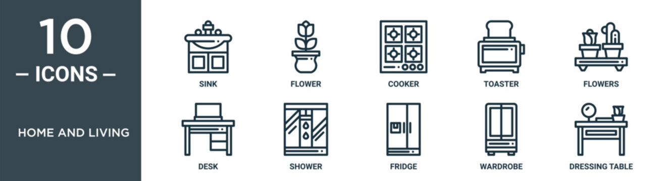 home and living outline icon set includes thin line sink, flower, cooker, toaster, flowers, desk, shower icons for report, presentation, diagram, web design