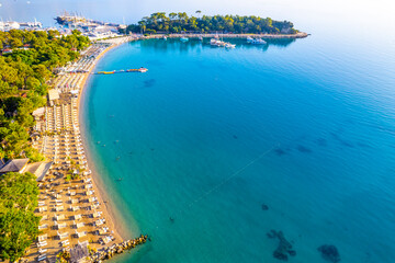 Naklejka premium Kemer, Antalya, Turkey. Aerial view of Moonlight Beach in Kemer. Beautiful turquoise colors of Mediterranean sea. Drone shot.
