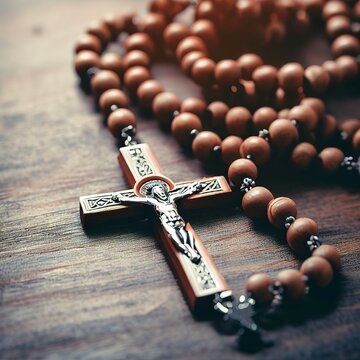 Rosary catholic cross on wooden table