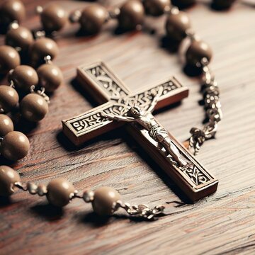 Rosary catholic cross on wooden table