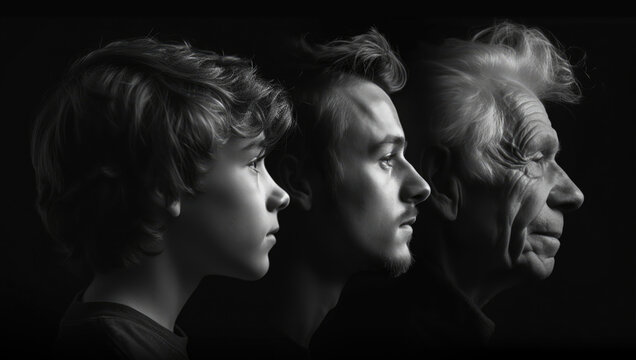 Side profile of three generations of Caucasian men
