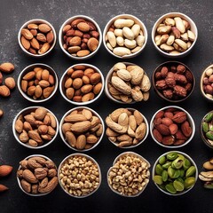 Set of pecan, pistachios, almond, peanut, cashew, pine nuts and lined up assorted nuts and dried fruits in a mini different bowls on a black stone background