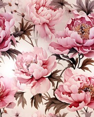 Watercolor hand drawn seamless pattern of pink peonies created with Generative AI technology