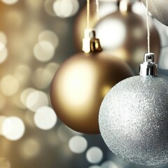 silver and gold christmas balls hanging with defocused lights background