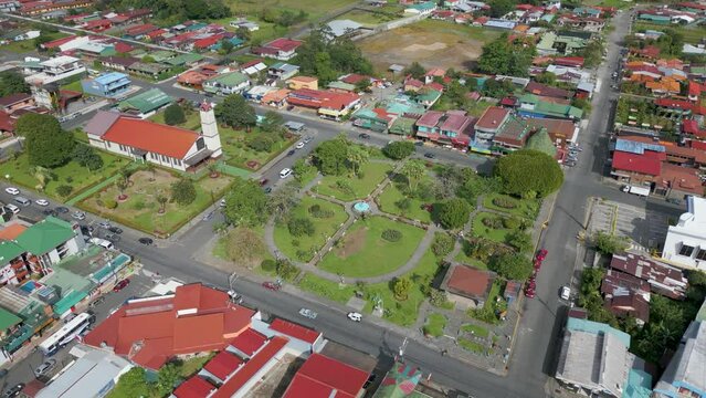 Aerial Drone Video Of The Town Centre And Church Of La Fortuna In Costa Rica