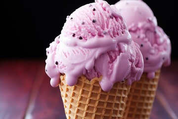 Pink ice cream in a waffle cone with bubble gum flavor. Delicious summer dessert. Generative AI