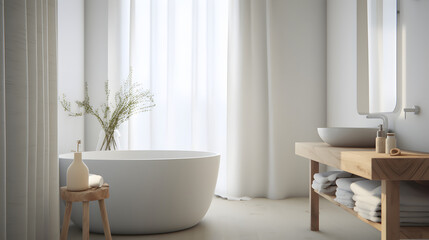 Fototapeta na wymiar Wooden accents and soft textiles lend an air of relaxation and simplicity to the Bathroom space, Generative AI
