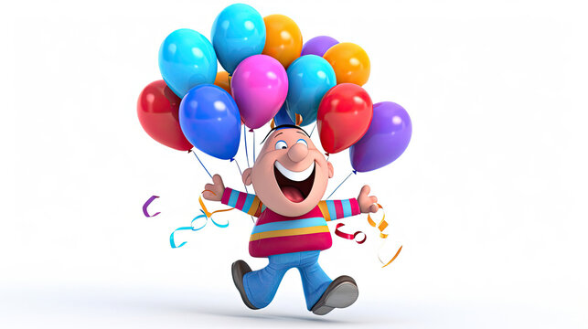 3D cartoon render of a child with balloons, on white background