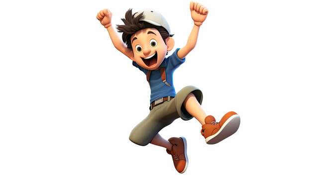 3D cartoon render of a man jumping, on white background
