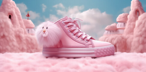 pink stylish sneakers with fur on fluffy soft pink carpet on a pastel background. dolly style