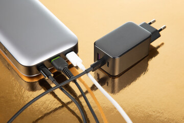 Power bank and charging plug with cable on a golden background. Electronic devices for charging...